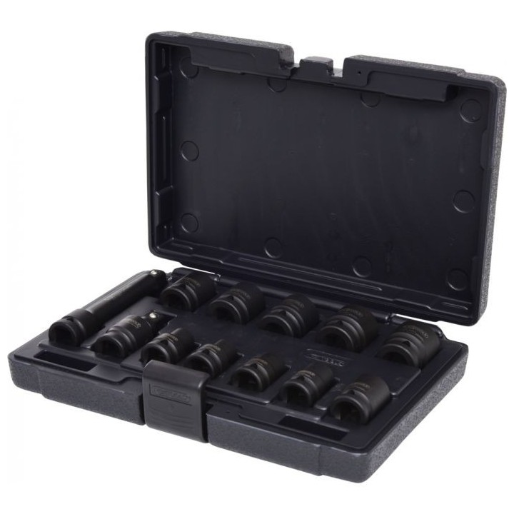 Coffret de 10 douilles à chocs 6 pans 1/2'', 10 à 24 mm, cardan et rallonge