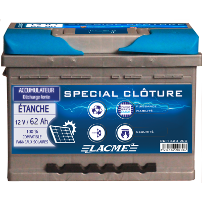 Accu 12V/62Ah, pour l'alimentation des clôtures électriques