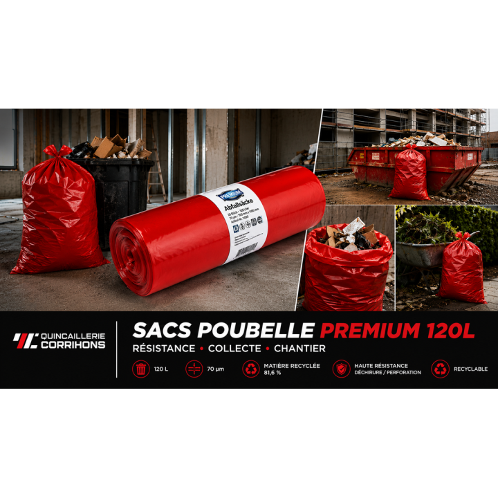ROULEAUX DE 25 SACS POUBELLE ROUGE PREMIUM 120 L